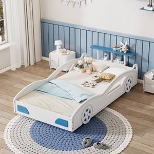 NicBex Twin Race Car-Shaped Platform Bed Frame with Wheels for Kids,Solid Wood Slats Support,No Box Spring Needed,Easy Assembly,White - 1 of 4