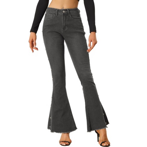 Allegra K Women's Flared Beaded Raw Hem Bell Bottom Casual Jeans Pants ...
