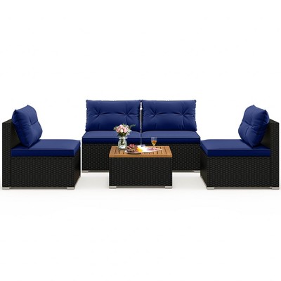 Tangkula 5 Piece Outdoor Furniture Set w/ Seat & Back Cushions Acacia Wood Tabletop