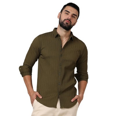 Campus Sutra Men Men's Olive Green Self-Design Striped Shirt