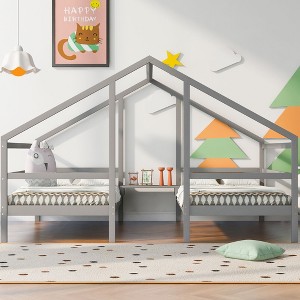 NicBex Twin Size Platform Bed Modern House-Shaped Pine Bed Frame with 2 Beds Side by Side and Table for Bedroom, No Box Spring Required - 1 of 4