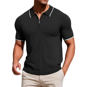 INSPIRE CHIC Men's Formal Solid Color Short Sleeved Zipper Slim Fit Classic Knit Polo Shirts - 1 of 4