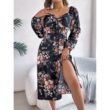 target floral dress long sleeve Women's Boho Flowy Long Sleeve Square Neck Floral Midi Dress Smocked Spring  Fall Wedding Guest DressesBlack L : Target