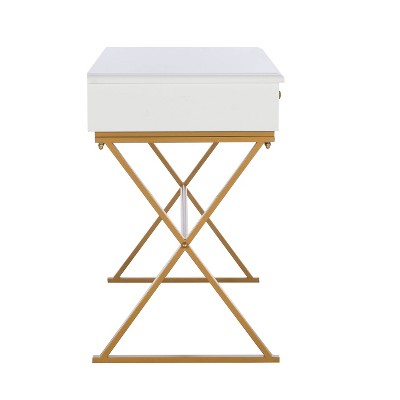 Trestle-Style White and Brass 2-Drawer Campaign Desk
