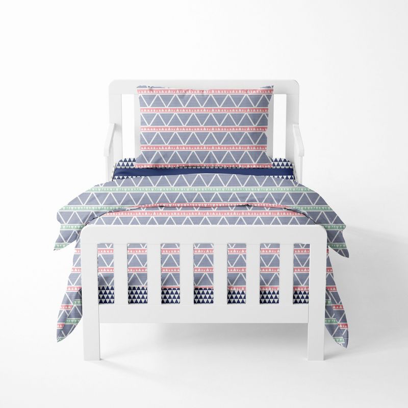 Bacati - Emma Coral/Mint/Navy Triangles Muslin 4 pc Toddler Bedding Set, 1 of 9