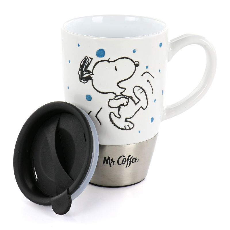 Mr. Coffee Snoopy Time 15 Ounce Ceramic Travel Mug in White and Stainless Steel With Lid, 4 of 7