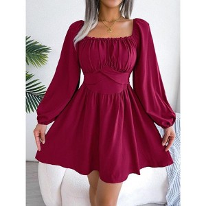 Coolmee Women's Boho Casual Dress Long Lantern Sleeves Square Neck DressesTie Back High Waist A-Line Mini Dresses - 1 of 4