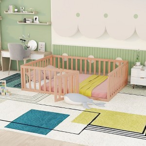 NicBex Full Size Wood Montessori Bed with Safety Fence,Floor Bed Frame with Door,Modern Toddler Bed for Bedroom,Natural - 1 of 4