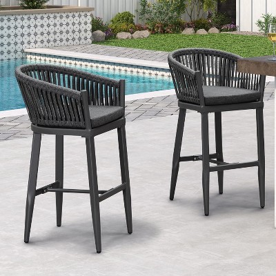 PURPLE LEAF Outdoor Bar Stools Set of 2 Patio Metal Modern Wicker Bar Chairs Woven Aluminum Barstools