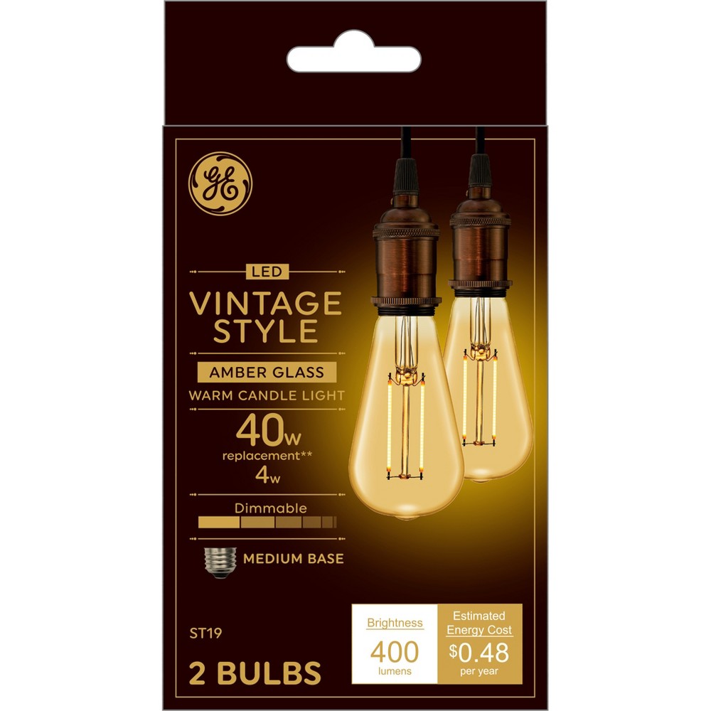 Photos - Light Bulb General Electric GE 2pk 40W Vintage Style ST19 LED Edison  Amber Glass: Old Fashion E26 Dimmable, 400 Lumens, 13.7-Year Life 