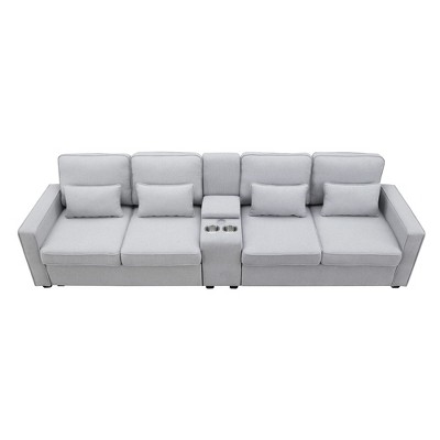 NicBex 114.2 Inch 4-Seater Modern Linen Sofa with Console,2 USB Ports,Armrest Pockets and 4 Pillows for Living Room,Office,Apartment