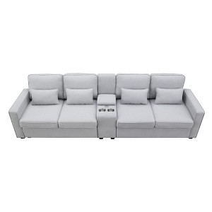NicBex 114.2 Inch 4-Seater Modern Linen Sofa with Console,2 USB Ports,Armrest Pockets and 4 Pillows for Living Room,Office,Apartment - 1 of 4