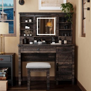 Farmhouse Makeup Vanity Tables with Sliding Lighted HD mirror, Vanity Desk with Glass Tabletop for Bedroom, Stool Included - 1 of 4