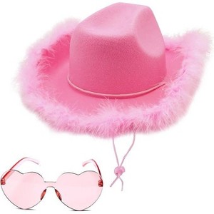 4E's Novelty Pink Cowgirl Hat with Feathers & Heart Sunglasses Set for Women & Girls Preppy Cowgirl Hat for Western Costume & Coastal Cowgirl Look - 1 of 4
