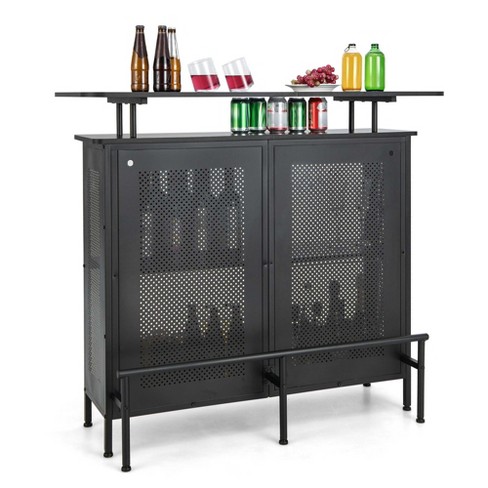 Home Bar Unit 3-Tier Liquor Bar Table with Glasses Holder Wine Storage - Black