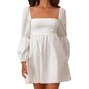 EXLURA Womens Square Neck Dress Long Puff Sleeve A-Line Casual Short Mini Dresses - 1 of 4