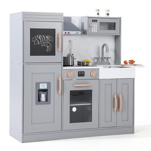 Wooden Play Kitchen for Kids - Pretend Play Kitchen Playset with Microwave, Oven, Sink, Ice Maker, Real Lights & Sounds - 1 of 4
