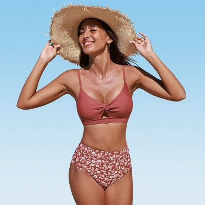 Women's Red Twist Keyhole Bikini Top & Standard Floral Bottoms Set - Cupshe