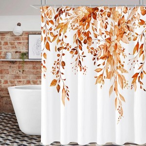 Aoibox Orange Eucalyptus Shower Curtain with Fall Watercolor Plant Leaves and Floral Design, Includes Hooks for Easy Installation - 1 of 4