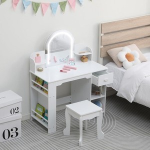 Kids Vanity with Mirror, 2 in 1 Little Girls Vanity Table & Stool, Kids Makeup with Bookshelf, Drawer & Open Shelves - 1 of 4