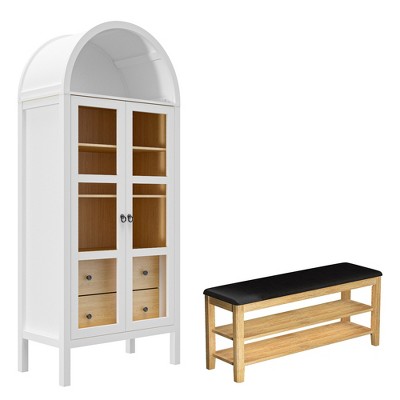 72" H Modern Farmhouse Auto Sensor Light Arched Cabinet with Shoe Rack Bench