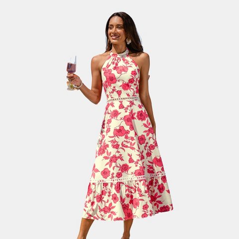 Женские платья Cupshe Women's Halter Floral Maxi Dress with Waist Tie-L-Pink