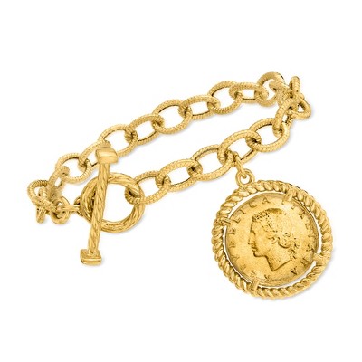 Ross-Simons Italian 18kt Gold Over Sterling Replica Lira Coin and Oval Link Toggle Bracelet