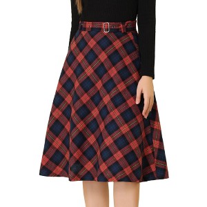 INSPIRE CHIC Women's Tartan Plaid High Waist Belted Vintage A-Line Midi Skirt - 1 of 4