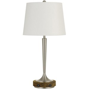 Cal Lighting 150W 3 Way Chester Metal Table Lamp With Wood Accent Base And 2 Usb Charging Ports - Brushed Steel And Wood - 1 of 2