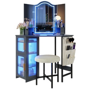 Fredees Vanity Desk: Lighted Mirror, LED Lights, Charging Station, Bedroom Corner Vanity with Stool - 1 of 4
