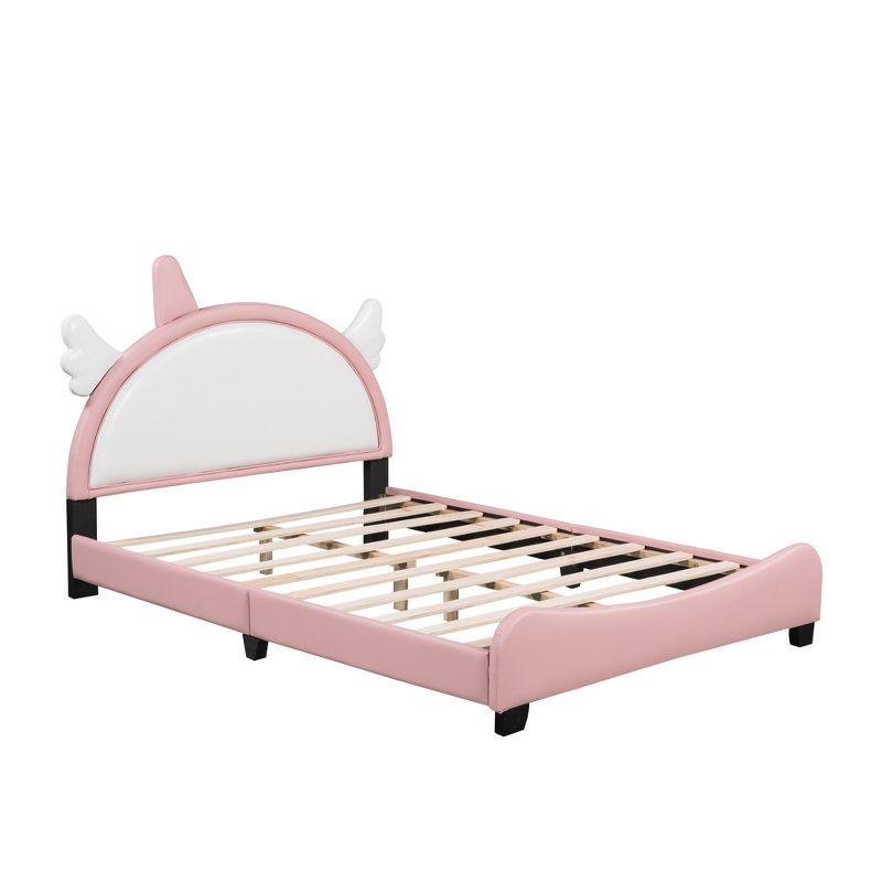 Upholstered Platform Bed With Unicorn Shape Headboard, White+Pink-ModernLuxe, 5 of 9