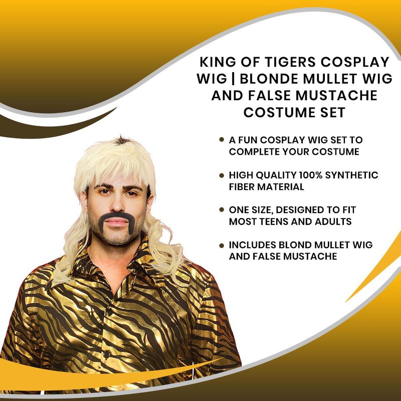 Seeing Red King of Tigers Cosplay Wig | Blonde Mullet Wig and False Mustache Costume Set, 2 of 3