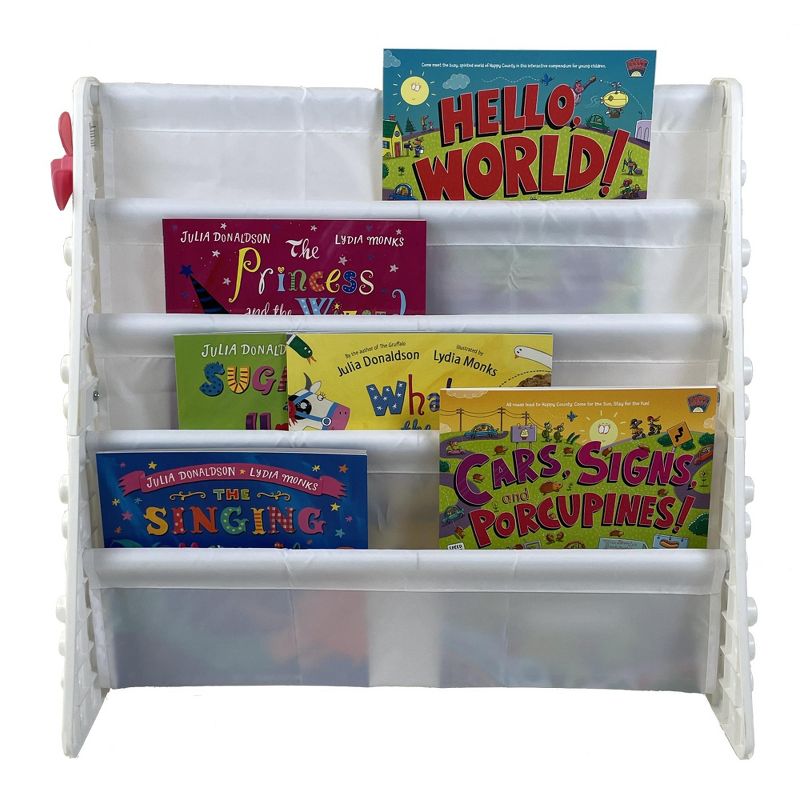 UNiPLAY Kids Plastic Bookcase Display Storage Rack, 4 Tier Bookshelf with Stacking Block Play Side Panels, 2 of 6