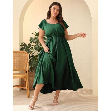 YESFASHION Plus Size Women Boho Maxi Dress Short Sleeves High Waist Ruffle  Design Casual Summer Dress with Pockets Green 4XL : Target