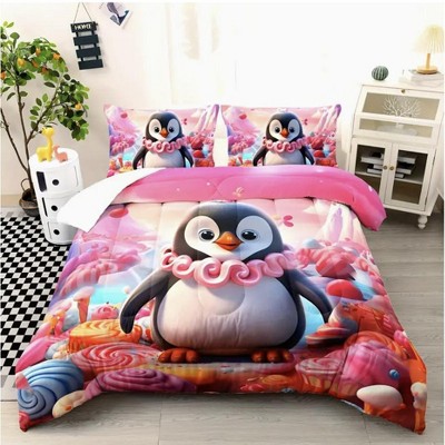 Boersma Pink Cartoon Penguin Comforter Set - 3D Printed Kawaii Penguin Comforter, Cute and Cozy Bedding Set, Soft Winter Quilt Bed Set