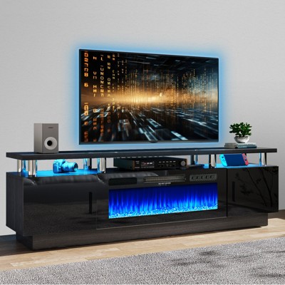 AOXUN 80" Modern Electric Fireplace TV Stand for TVs Up to 90 inch, with Electronic Flame and LED Lights, Black