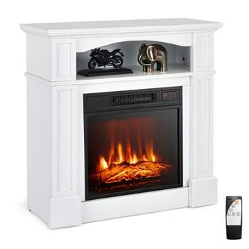 Tangkula 32" Electric Fireplace with Mantel 1400W Freestanding Heater with Remote Control & Thermostat White/Brown