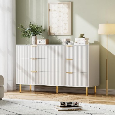 6 Drawer Dresser for Bedroom, Modern Wood Storage Dresser Organizer with Gold Metal Handles & Anti-Tipping Device for Hallway, Entryway