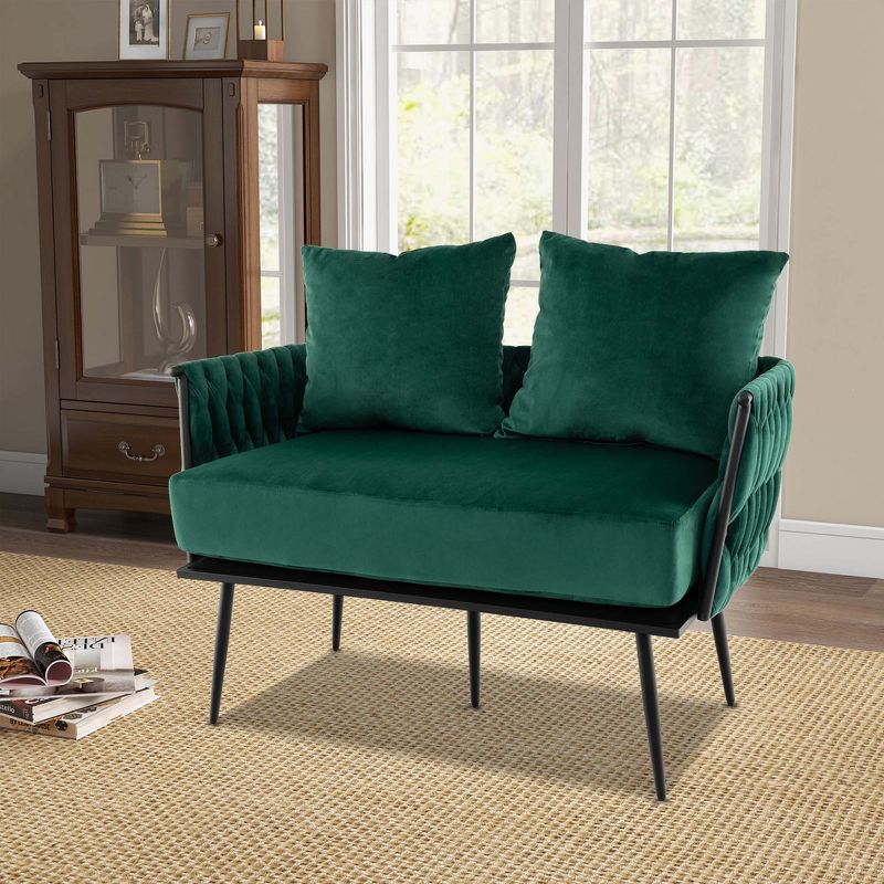 Costway Modern Loveseat Sofa Upholstered Dutch Velvet Couch with Woven Back & Arms Green/Grey, 4 of 11