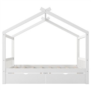 COWLOWN Twin House Platform Bed with Roof Design, Wooden Playful Bed Frame with Headboard & Footboard for Kids - 1 of 4