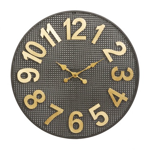 32"x32" Metal Wall Clock with Gold Numbers Black - CosmoLiving by Cosmopolitan: Silent, Round, Industrial Style - image 1 of 4