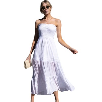 Amaryllis Women's Smocked Strapless Maxi Dress Tiered Skirt Boho-Inspired Flowy Long Dress for Effortless Style and Comfort