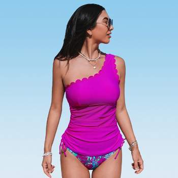 Women's One Shoulder Scalloped Drawstring Tankini Sets Mid Rise Bikini Swimsuit - Cupshe
