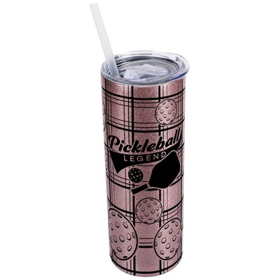 Elanze Designs Plaid Bubblegum Pink 20 Ounce Double Wall Stainless Steel Glitter Travel Tumbler With Sliding Lid And Straw, Pickleball