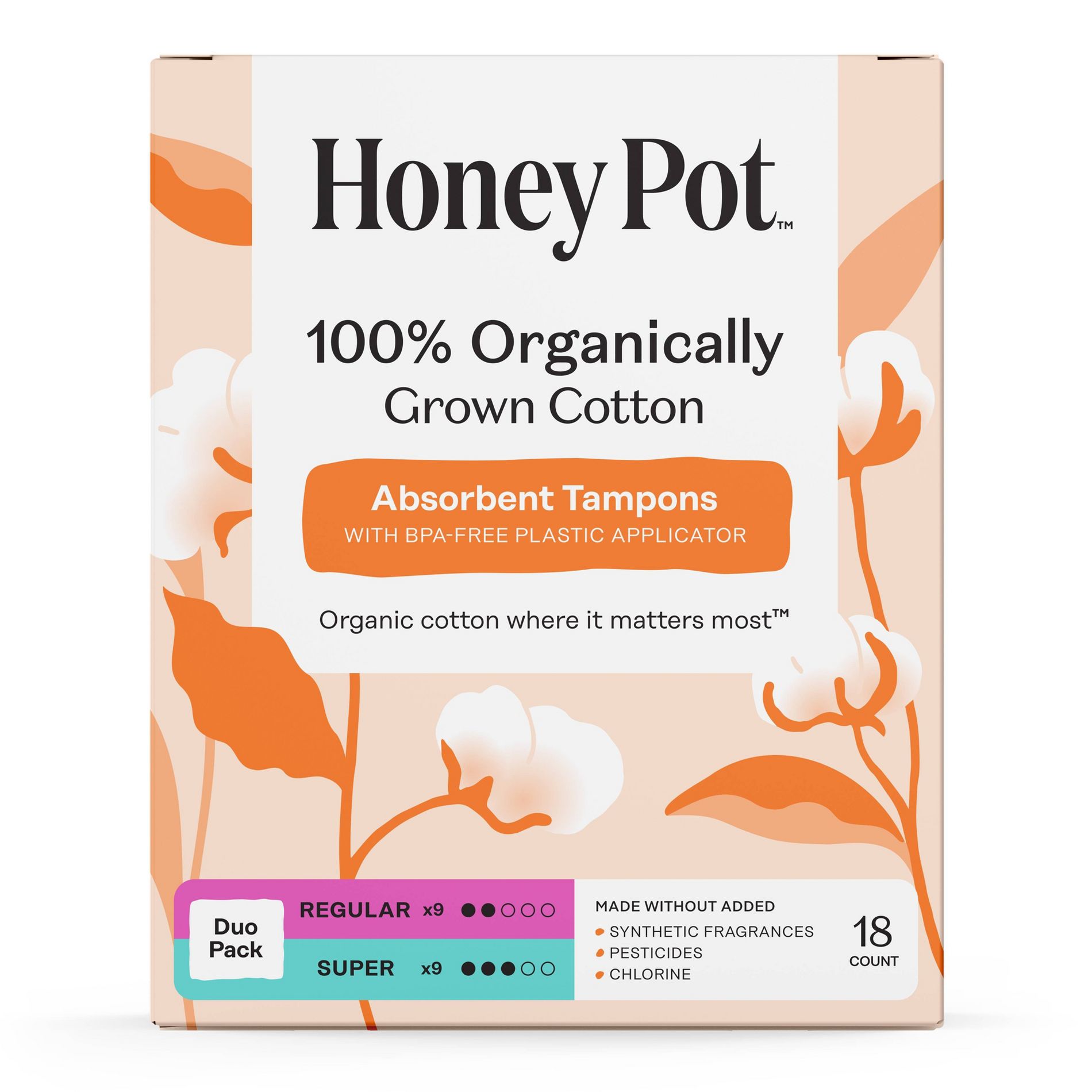 Honey Pot 100% Organically Grown Cotton Tampons - Duo Pack – Reg - Sup - 18 ct
