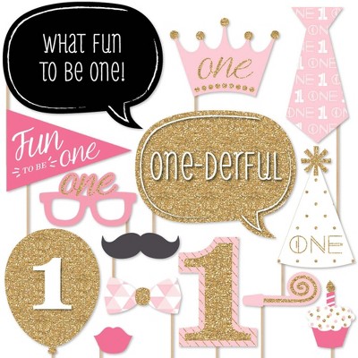 Big Dot of Happiness 1st Birthday Girl - Fun to be One - First Birthday Party Photo Booth Props Kit - 20 Count