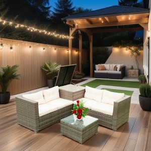 ELJGET 4 Pieces Wicker Outdoor Patio Conversation Set, Wicker Rattan Patio Sectional Sofa with Storage Box - 1 of 4