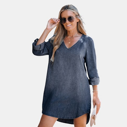 Women's Stonewash Denim V-neck Mini Dress - Cupshe-s-dark Blue : Target