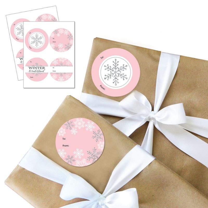 Big Dot of Happiness Pink Winter Wonderland - Round Holiday Snowflake Birthday Party and Baby Shower To and From Gift Tags - Large Stickers - Set of 8, 1 of 8