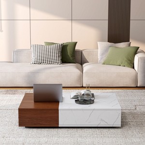 CAVINAS Modern Two-Tone Coffee Table,Patchwork Cocktail Table with Two Storage Spaces,Marble Finish,Center Table for Living Room,Office,Apartment - 1 of 4
